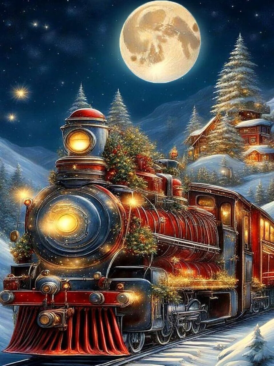 Christmas Train Diamond Painting Kit,Night Sky Diamond Canvas, 5D Diamond Art Dots Kit